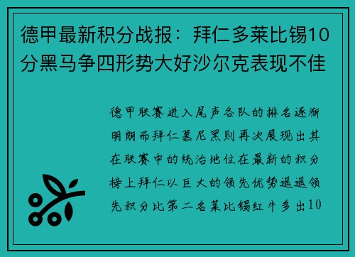 德甲最新积分战报：拜仁多莱比锡10分黑马争四形势大好沙尔克表现不佳